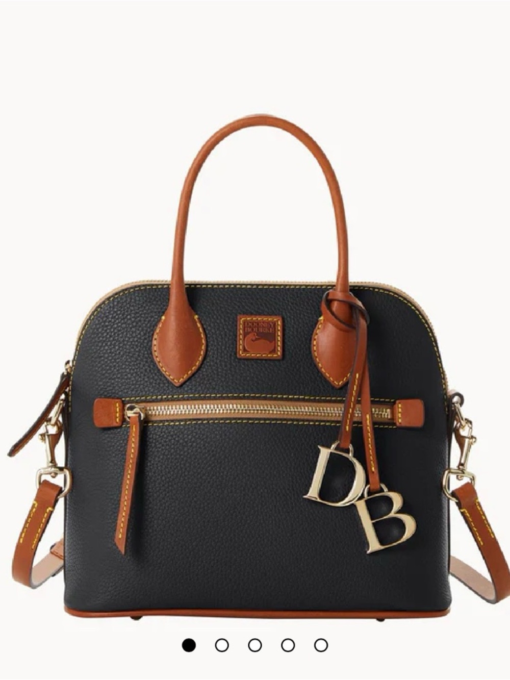 Dooney & Bourke Black Pebble Leather Domed Satchel with Brown Trim